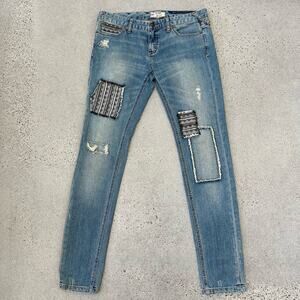 Free People Distressed Skinny Jeans with Baja / Aztec Patches